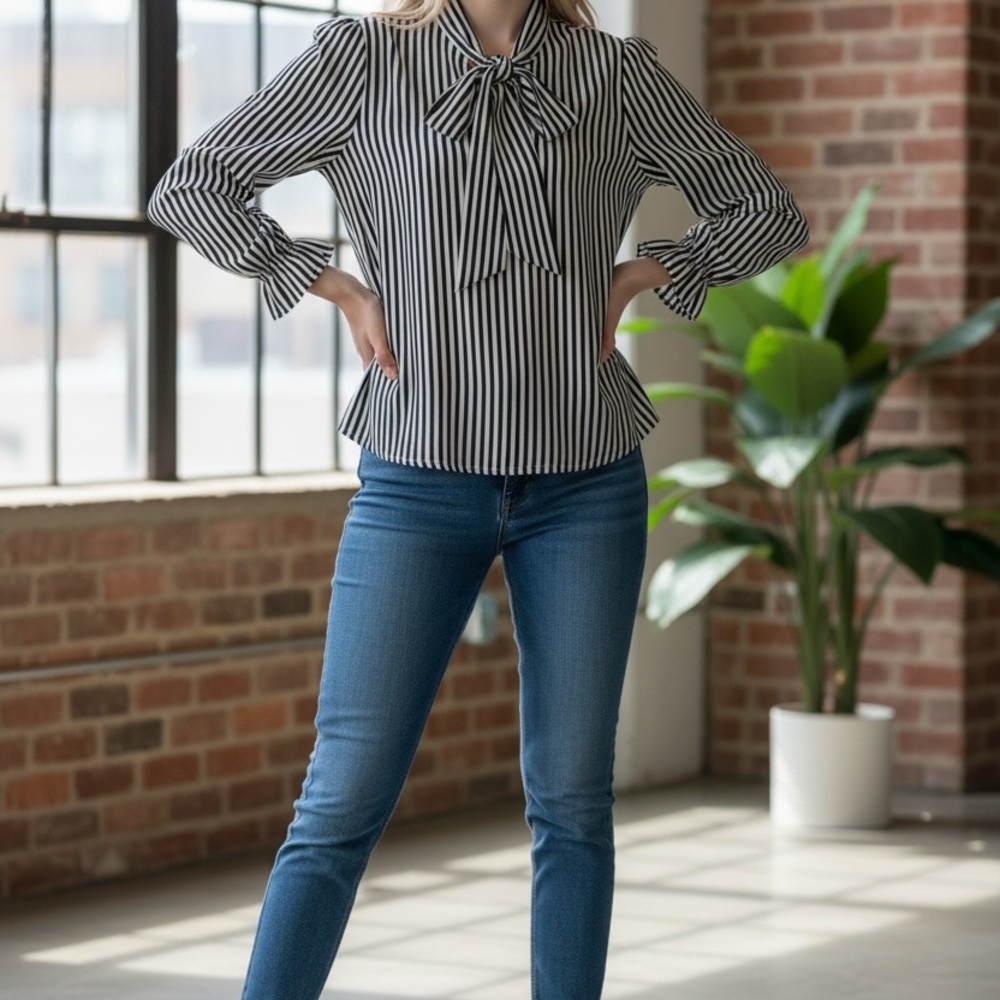 Adrianna Papell - Black & White Pinstripe Tie Neck Office Blouse - Size M
